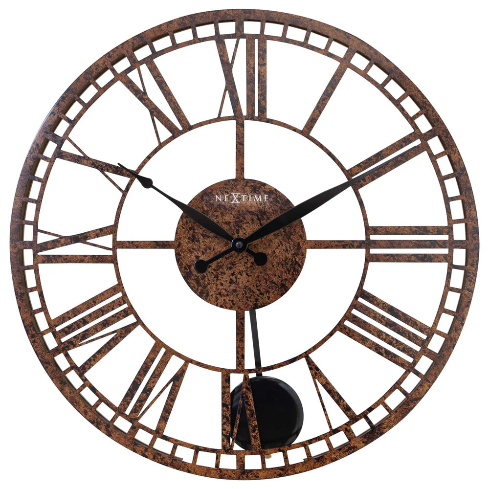 Grote Romeinse wandklok - 50cm - Open Ontwerp - Bruin - Metaal - Slinger "London" - NeXtime