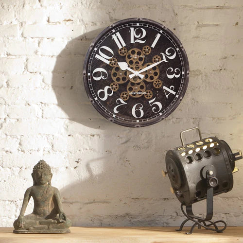 Zwarte Klok - Grote Wandklok - 50cm - Bewegende tandwielen - "Henry" - NeXtime
