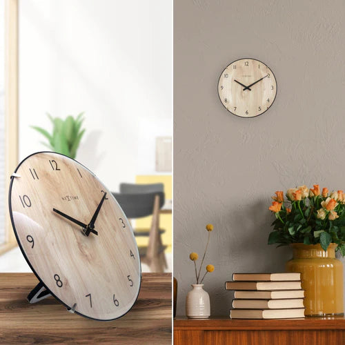 Tafelklok Nextime Edge Wood Mini 20 cm houtkleurig gebolde glazen lens