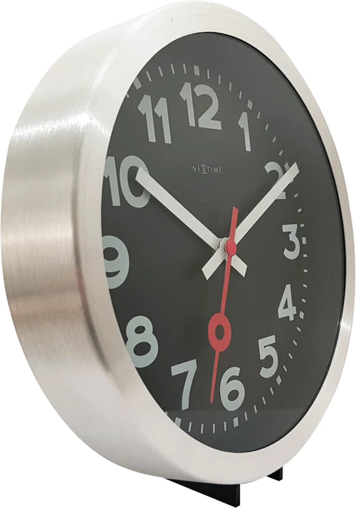 Wandklok NeXtime 'Station' Ø19 cm, geborsteld aluminium zwart