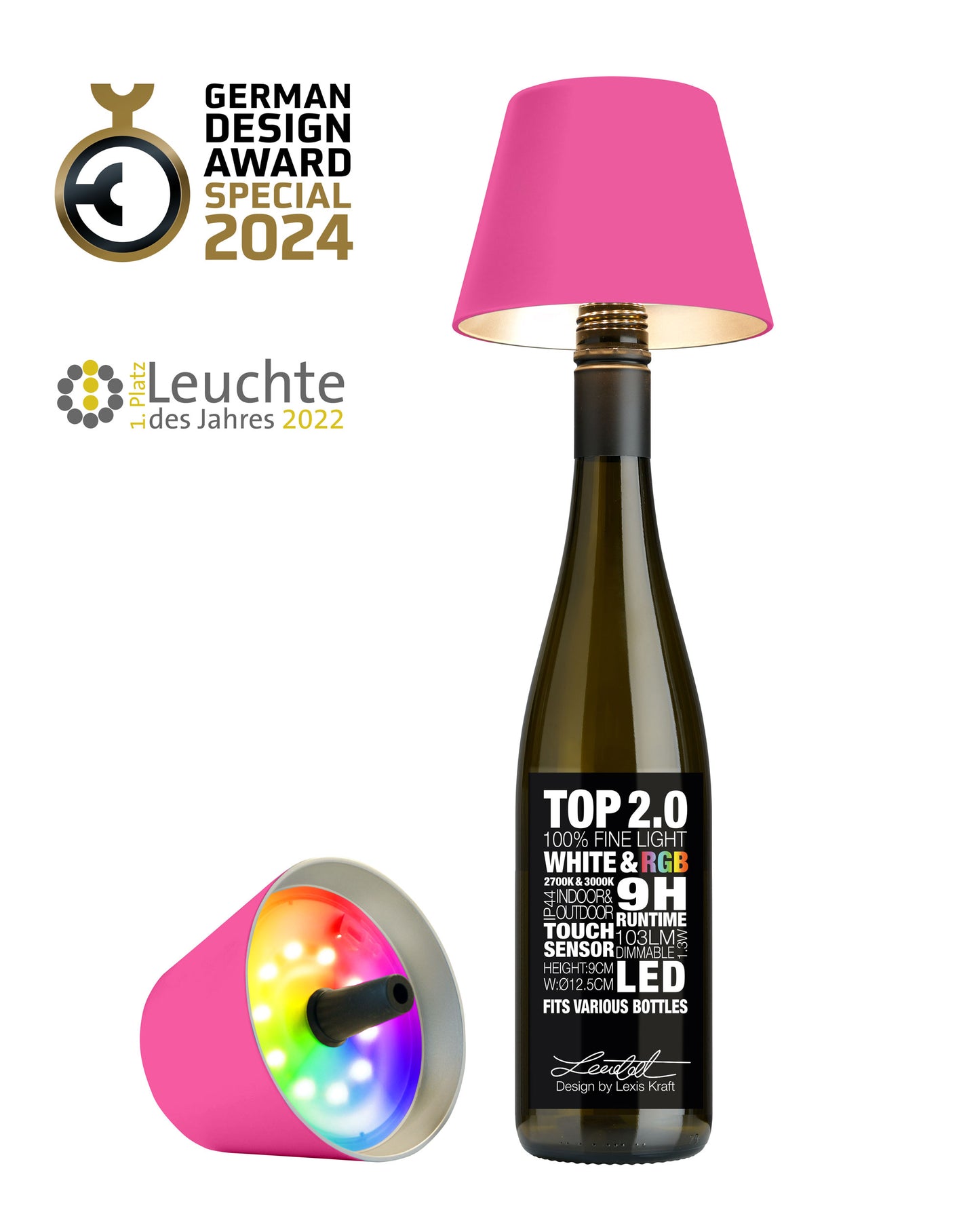 Sompex Flessenlamp " TOP " met houdbare kurk| 2.0 Led| Neon roze - indoor / outdoor - oplaadbaar | RGB