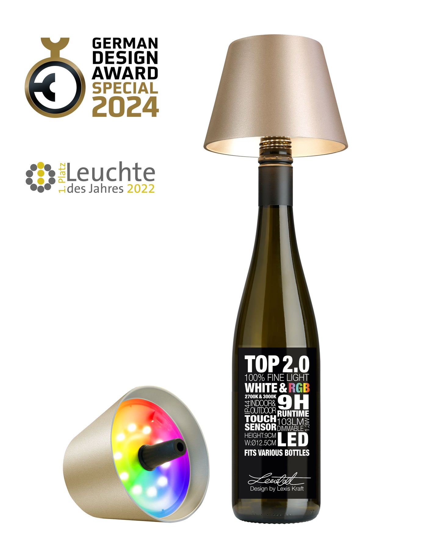 Sompex Flessenlamp " TOP " met houdbare kurk| 2.0 Led| Champagne - indoor / outdoor - oplaadbaar | RGB