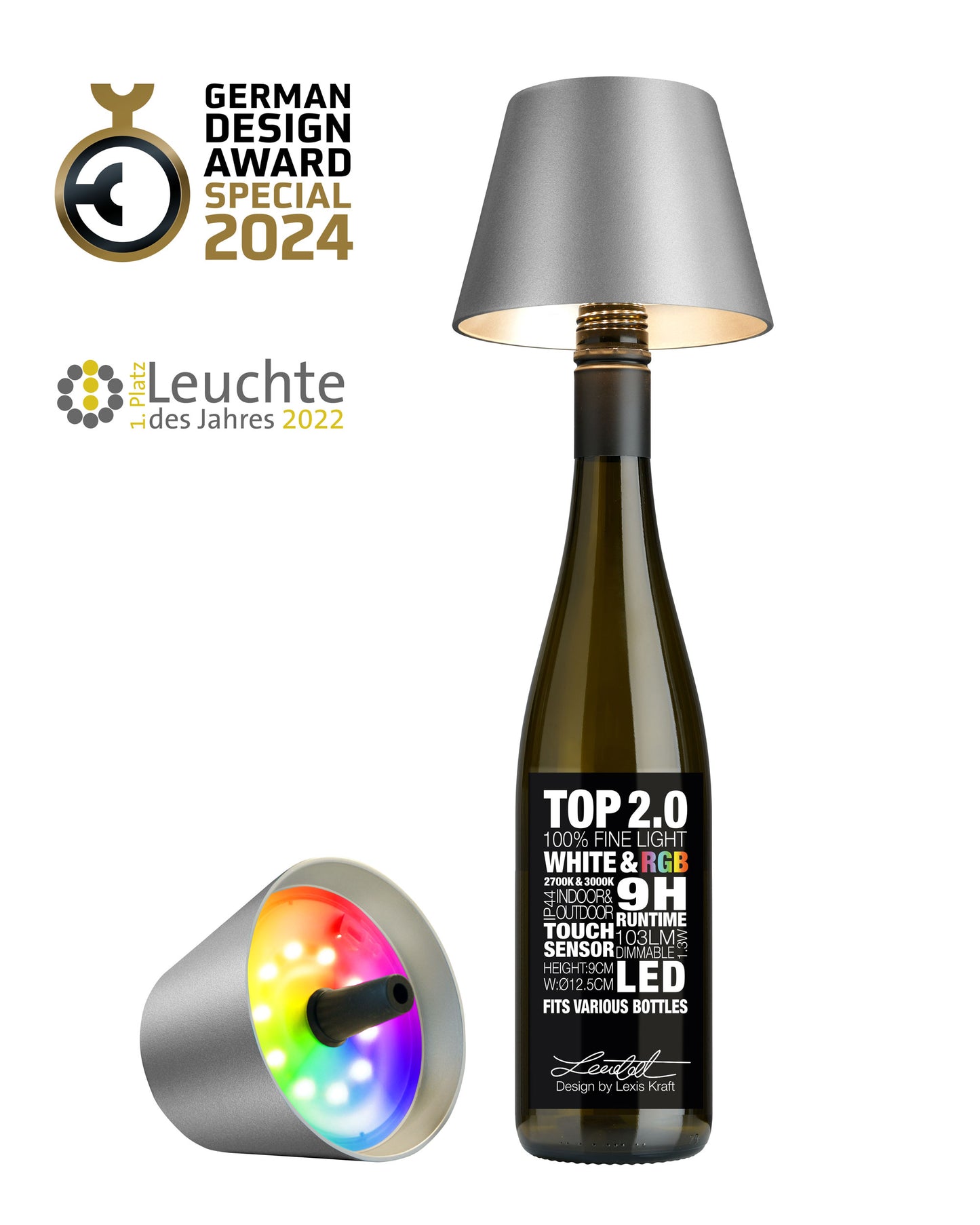 Sompex Flessenlamp " TOP " met houdbare kurk| 2.0 Led| Grafiet - indoor / outdoor - oplaadbaar | RGB