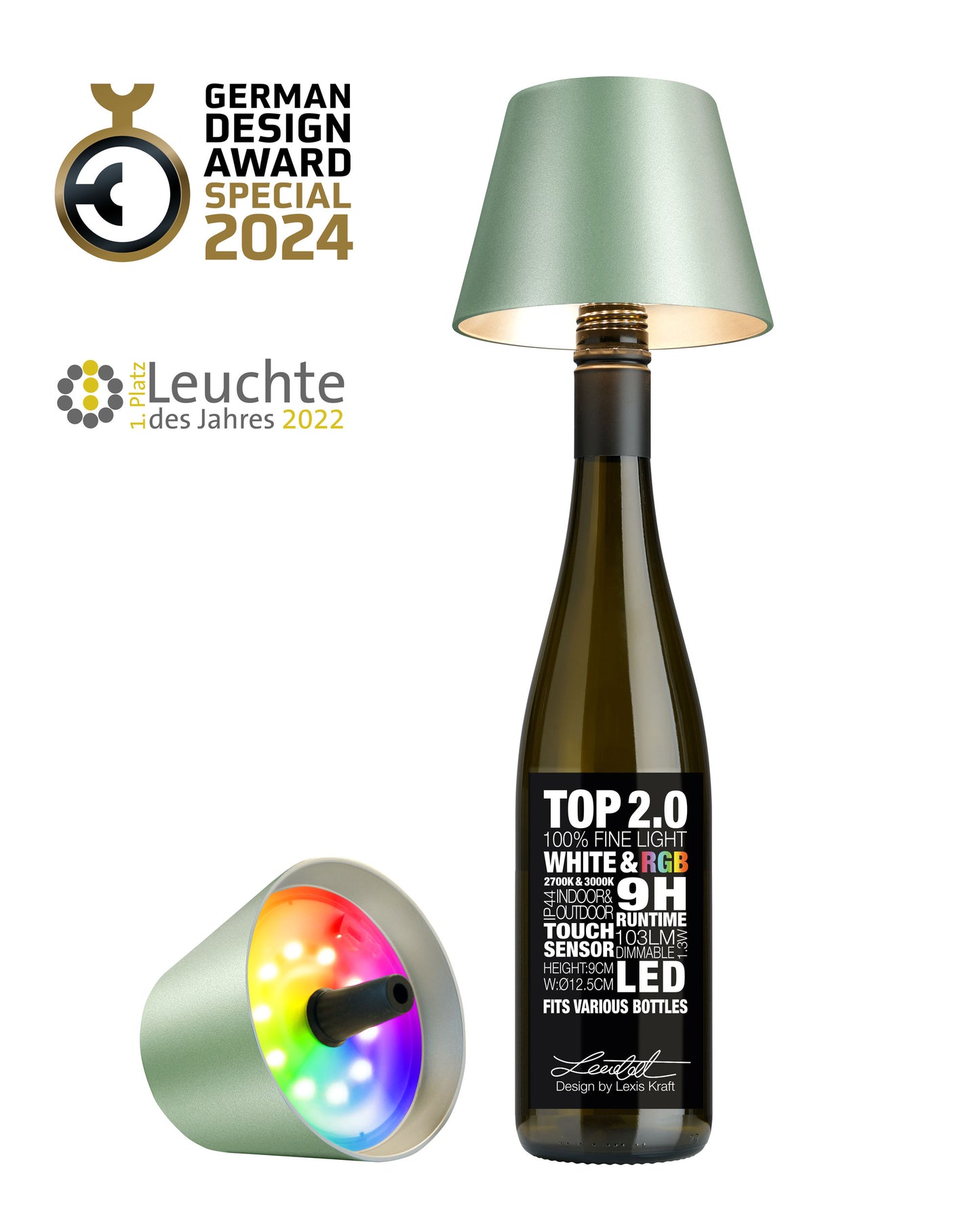 Sompex Flessenlamp " TOP " met houdbare kurk| 2.0 Led| Groen metallic - indoor / outdoor - oplaadbaar | RGB