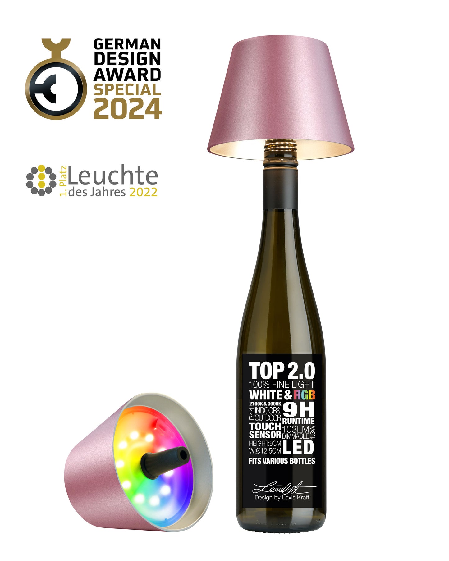 Sompex Flessenlamp " TOP " met houdbare kurk| 2.0 Led| Roze metallic - indoor / outdoor - oplaadbaar | RGB