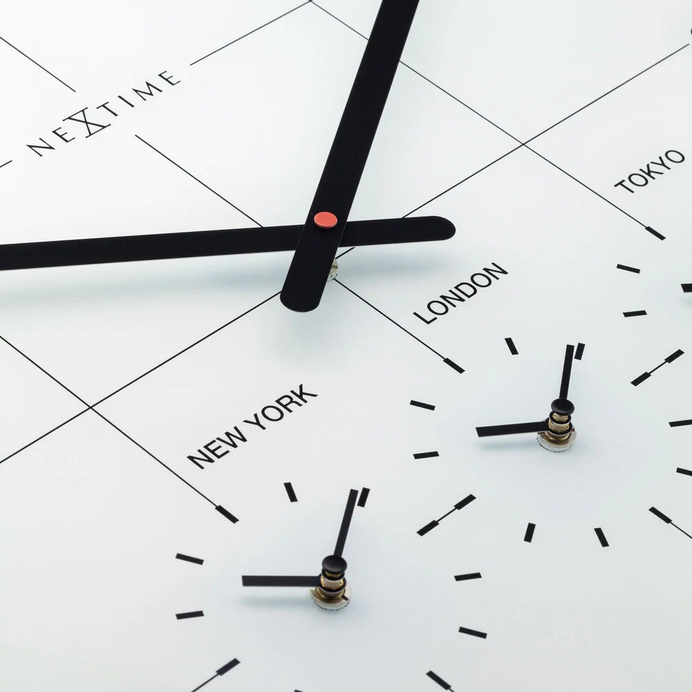 NeXtime Wereldtijden klok - Stille wandklok - 43cm - Wit - Glazen klok - NeXtime - "Big City"