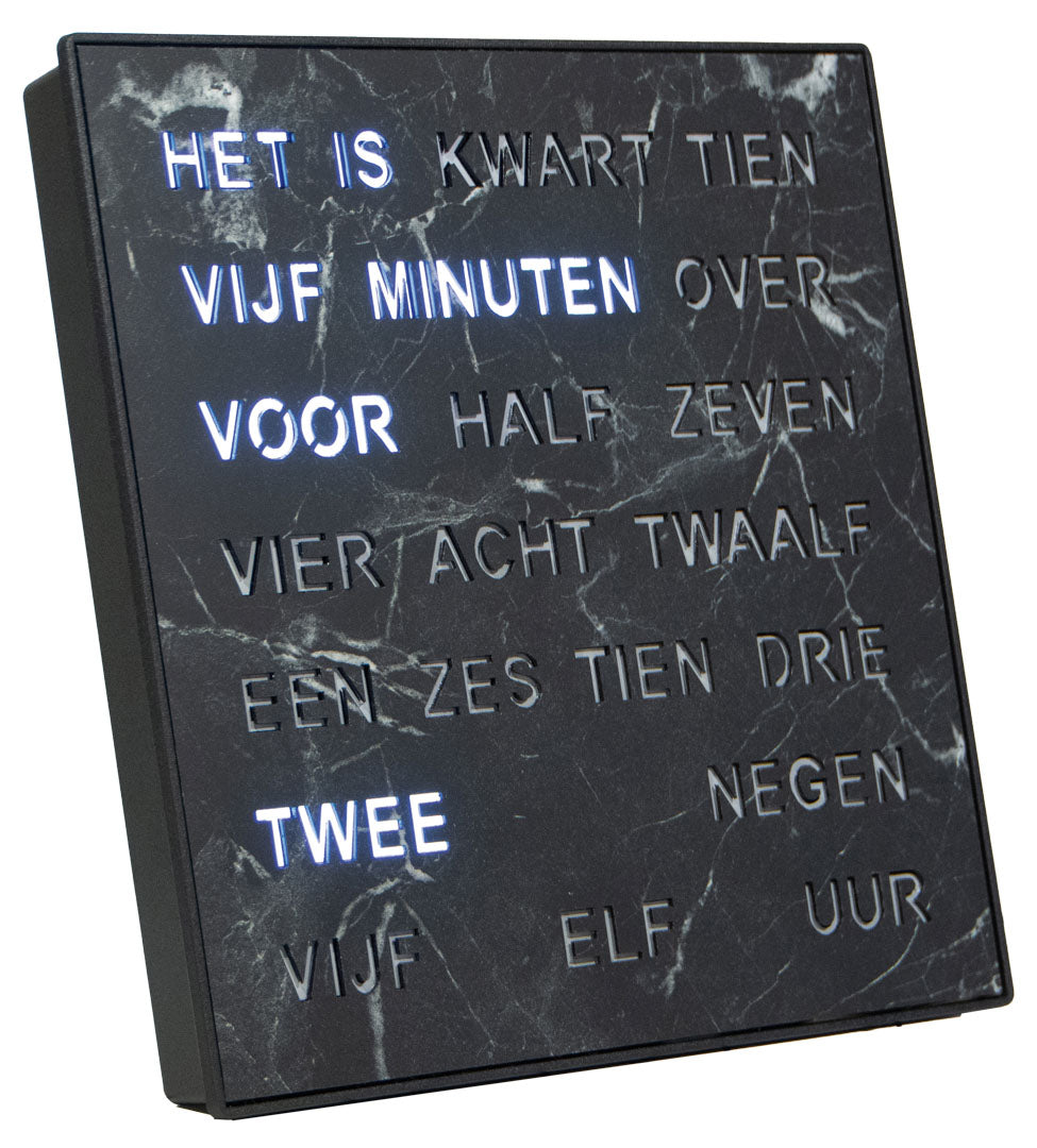Intertime | Woordklok | Wandklok | Tafelklok | 28x28 | Zwart/ Marmer | Nederlands
