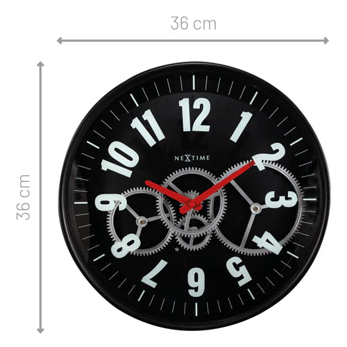 Wandklok Nextime 36cm Gear Clock zwart metaal/glas