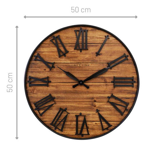 Grote wandklok - 50cm - Stil - Donker Hout - Zwart Metaal - "Manchester" -NeXtime