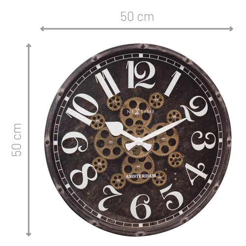 Zwarte Klok - Grote Wandklok - 50cm - Bewegende tandwielen  - "Henry" - NeXtime