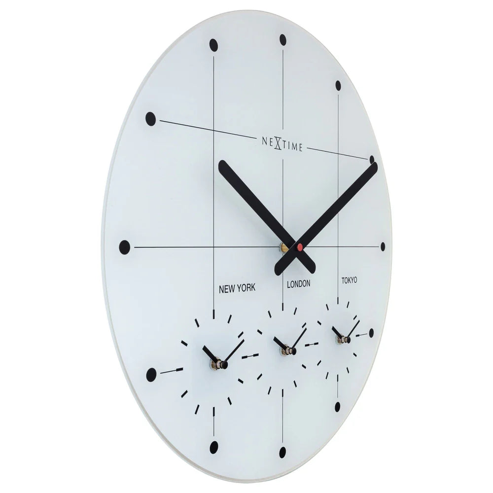 NeXtime Wereldtijden klok - Stille wandklok - 43cm - Wit - Glazen   klok - NeXtime - "Big City"