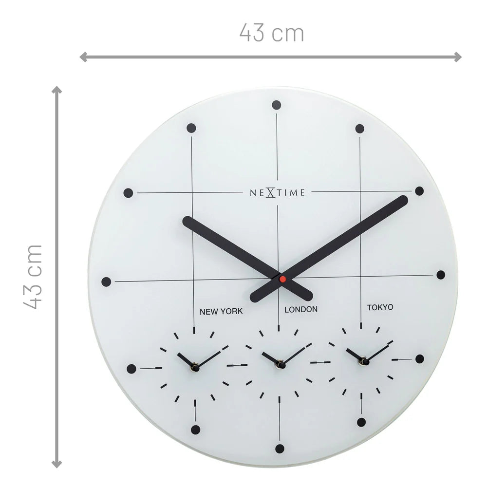 NeXtime Wereldtijden klok - Stille wandklok - 43cm - Wit - Glazen   klok - NeXtime - "Big City"