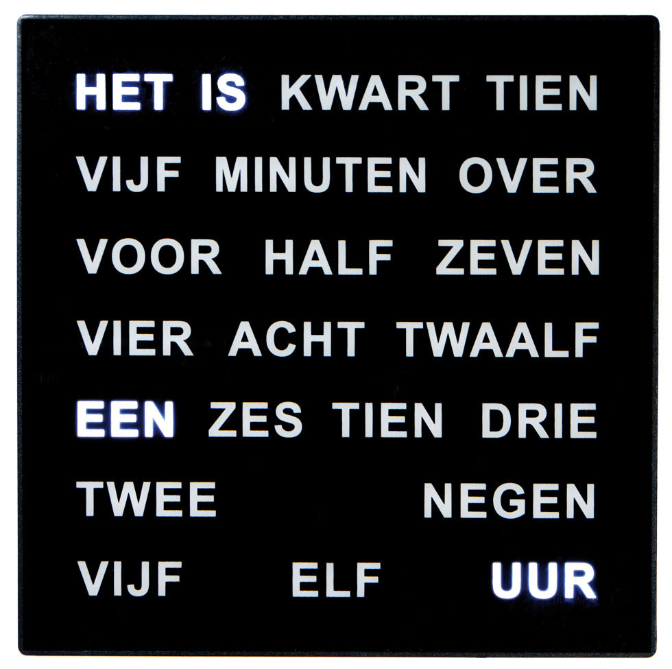 Intertime | Wandklok | Tafeklok | Woordklok | Zwart | 28x28 | Nederlands