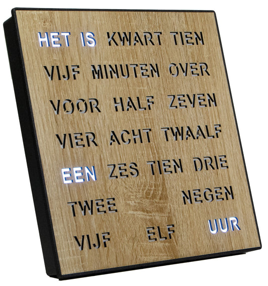 Intertime | Woordklok | Wandklok | Tafelklok | 28x28 | Hout | Nederlands