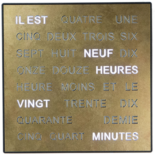 Intertime | Woordklok | Wandklok | Tafelklok | 28x28 | Goud | Frans