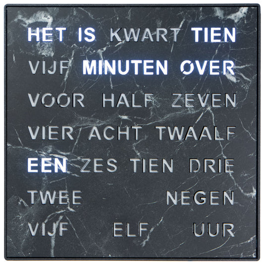 Intertime | Woordklok | Wandklok | Tafelklok | 28x28 | Zwart/ Marmer | Nederlands